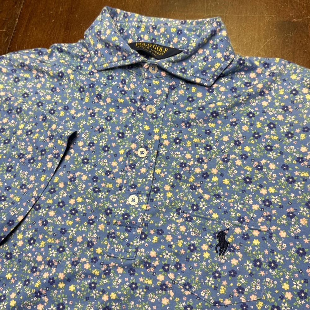 Polo Golf Ralph Lauren Polo Shirt Mens M Blue Floral Short Sleeve Pocket Cotton